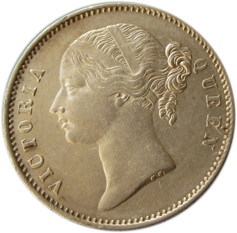 1840 Silver One Rupee Victoria Queen Divided Legend Calcutta Mint 27 Berries - Image 2