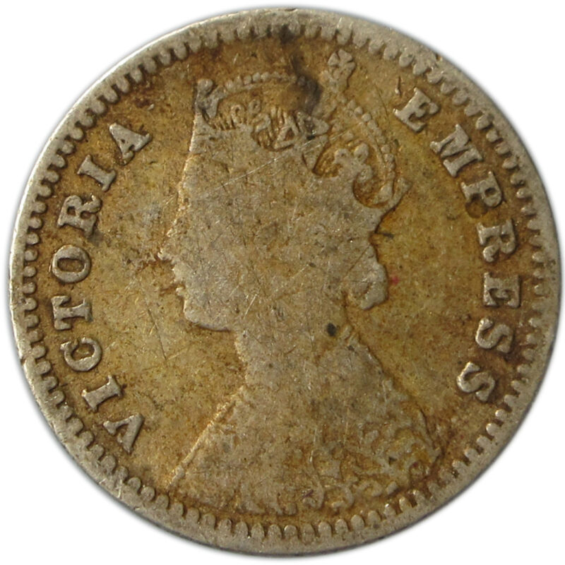 1890 Silver Two Annas Victoria Empress Bombay Mint "Incused B" - Image 2