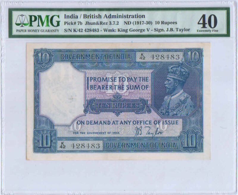 Ten Rupee Banknote of King George V Signed by  J B Taylor Year 1917-30 Prefix K