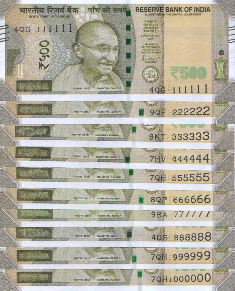 Rs 500 Solid Fancy Number set of 10 notes from 111111-999999 & 1 million note