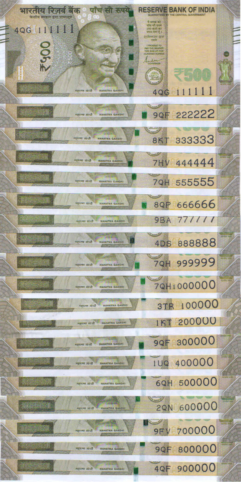 Rs 500 Fancy Number set of 19 notes from 111111-1000000 & 100000-900000 - Gem 💎 UNC